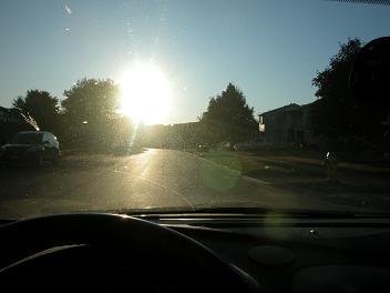 photo of sun glare ahead, dark shadows on side of road