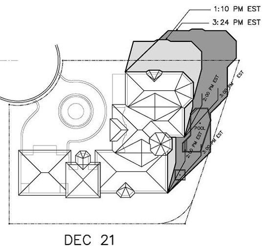 drawing showing shadows of house over pool